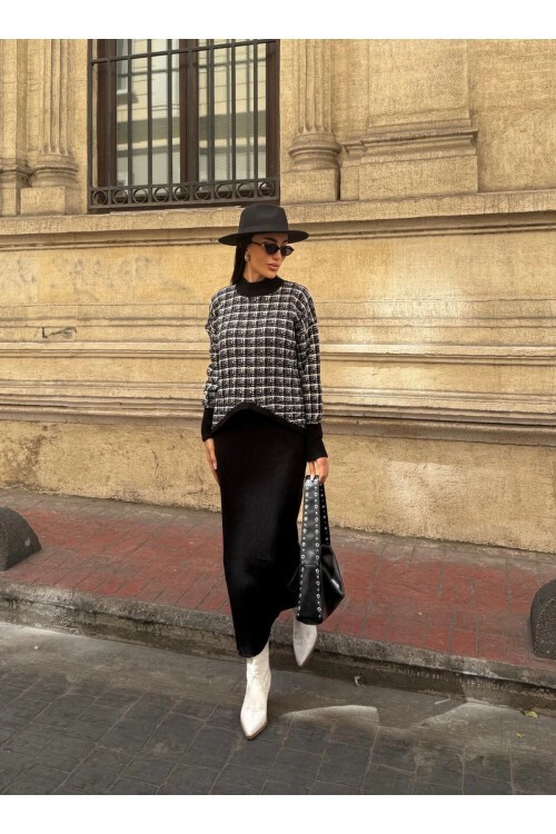 Ekose Desenli Kazak ve Elbise Triko Takım Siyah