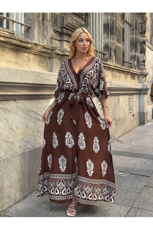 Etnik Desenli Kuşaklı V Yaka Maxi Elbise