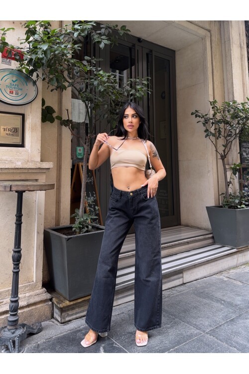 Geniş Paça Yüksek Bel Siyah Jean