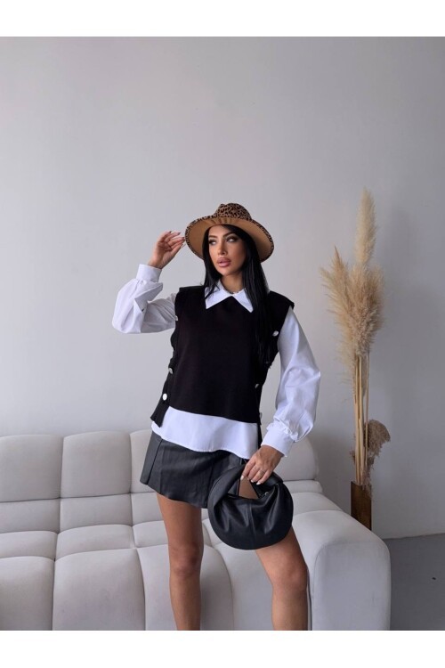 Gömlek Detay Siyah Triko Bluz