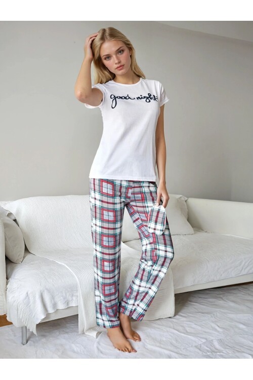Good Night Baskılı Ekose Desen Kısa Kol Pijama Takımı