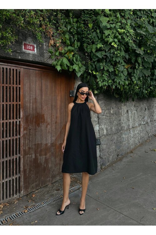 Halter Yaka Dokuma Midi Elbise