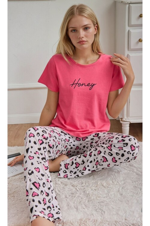 Honey Baskılı Pembe Kısa Kollu Pijama Takımı