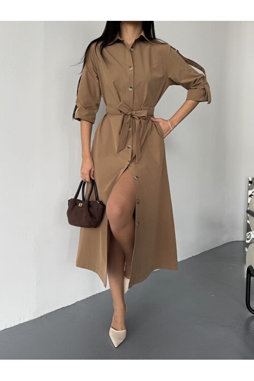 İthal Cupra Kumaş Kuşaklı Elbise