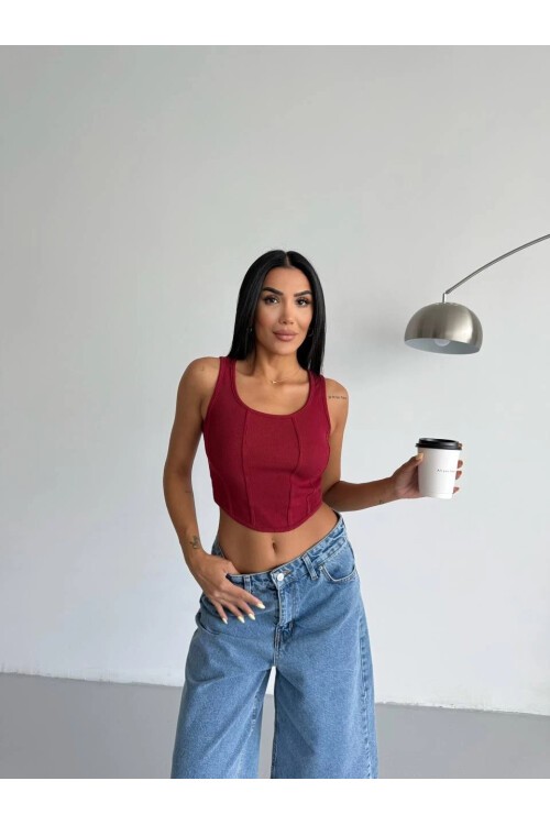 Kadın Bordo Kaşkorse Crop Bluz