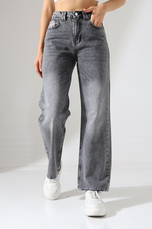 Kadın Gri Yüksek Bel Wide Leg Jean
