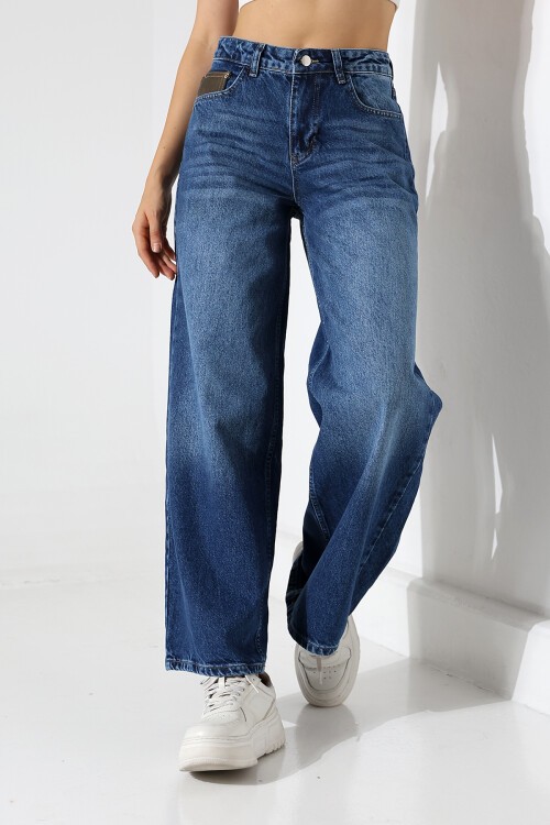 Kadın Koyu Mavi Wide Leg Jean