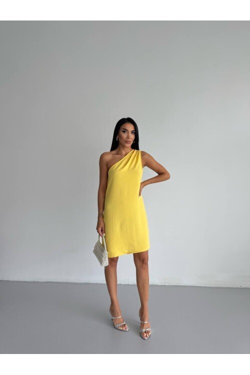 Kadın Sarı Ayrobin Kumaş Tek Omuz Elbise