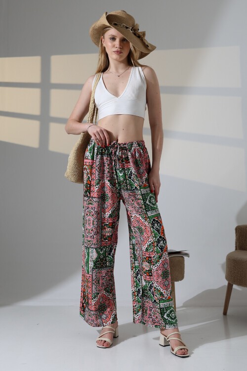 Kadın Zümrüt Viskon Bol Paça Desenli Pantalon