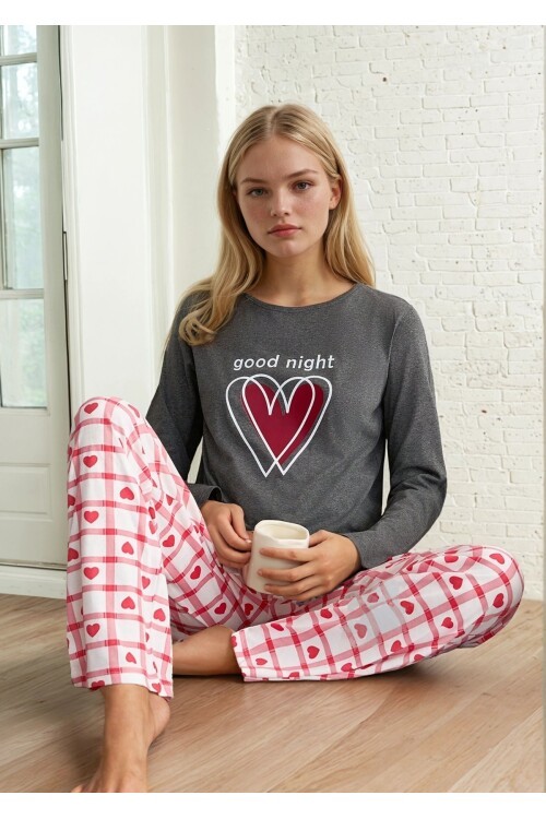 Kalp Baskılı Uzun Kollu Pijama Takım