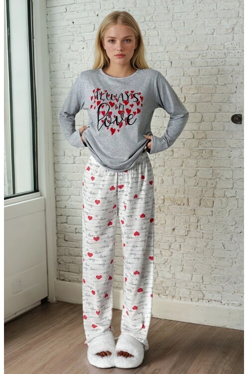 Kalp Desen Baskılı Uzun Kollu Pijama Takımı