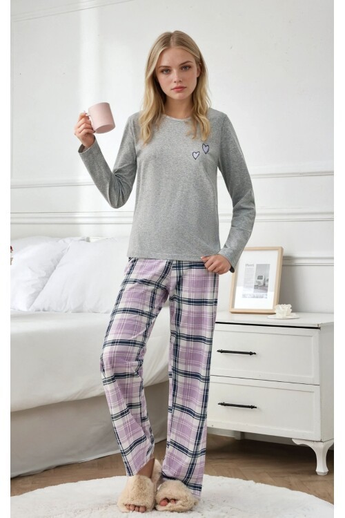 Kalpli Gri Üst Lila Ekose Alt Uzun Kollu Pijama Takımı