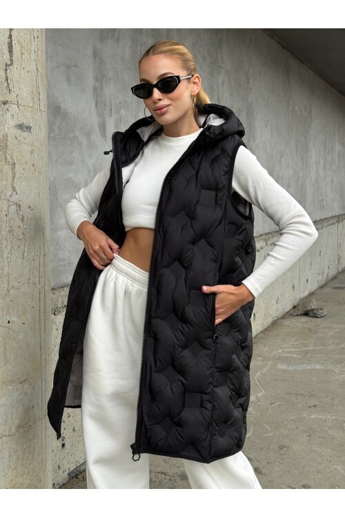 Kapşonlu Cepli Uzun Şişme Yelek