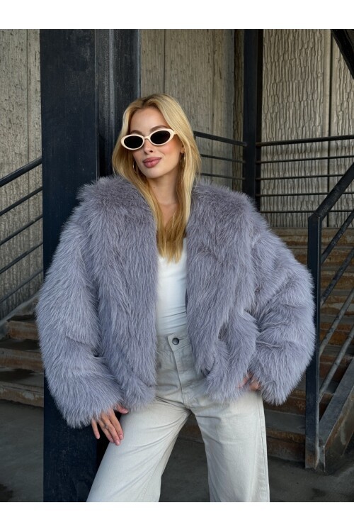 Kapşonlu Kürk Ceket Gri