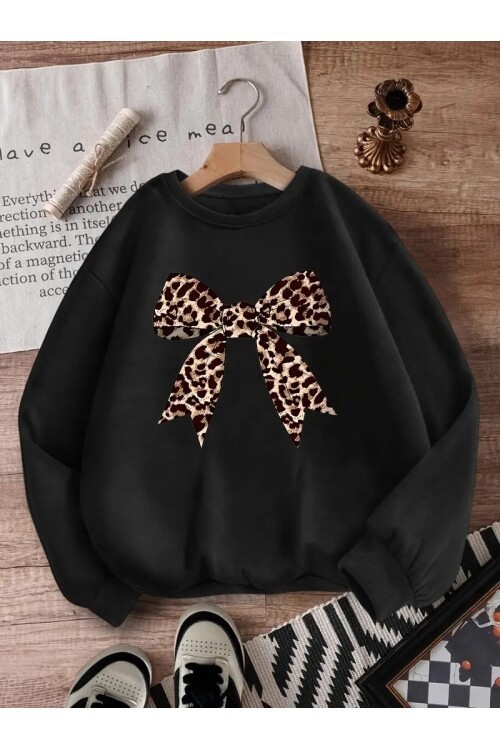 Leopar Fiyonk Baskılı 3Üç İplik Oversize Sweatshirt