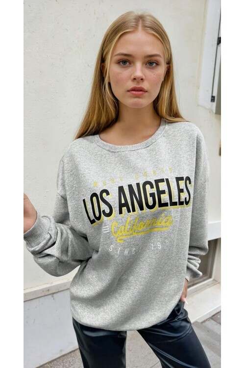 Los Angeles California Baskılı Gri Oversize Üç İplik Kadın Sweatshirt