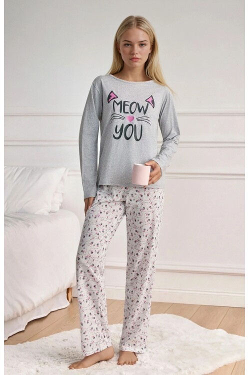 Meow You Kadın Kedi Baskı Pijama Takımı