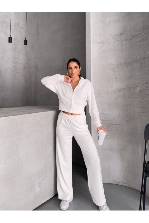 Modal Kumaş Crop Üst Eşofman Takım Beyaz