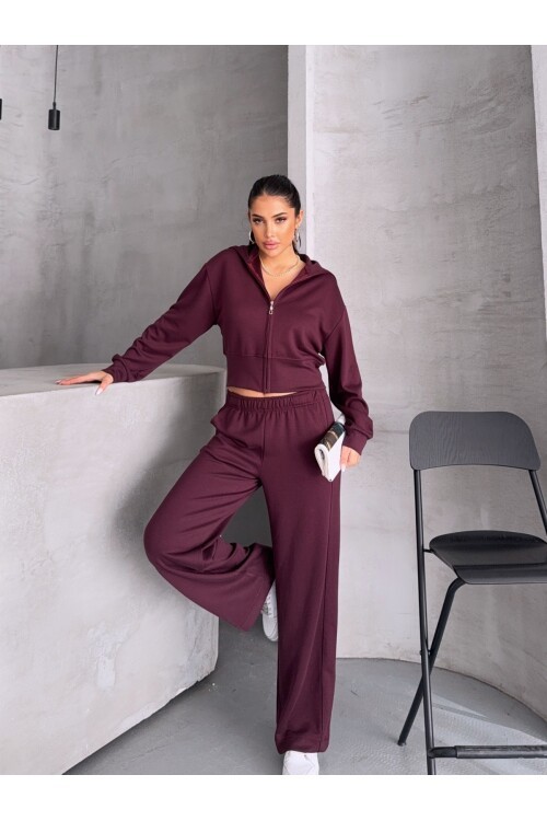 Modal Kumaş Crop Üst Eşofman Takım Bordo