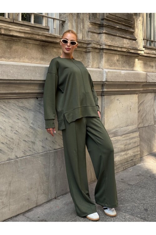 Modal Kumaş Haki Oversize Sweat İkili Takım