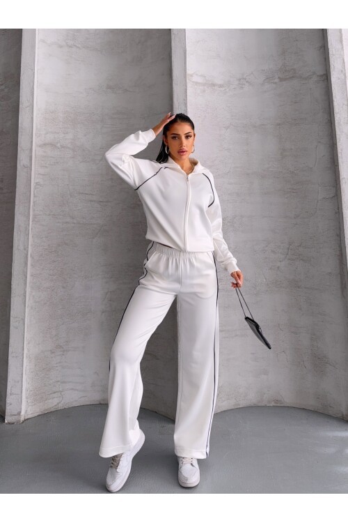 Modal Kumaş Şerit Detaylı Takım Beyaz