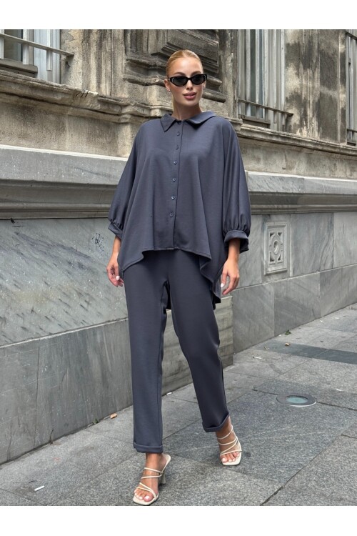 Oversize Gömlek Pantalon Gri Takım
