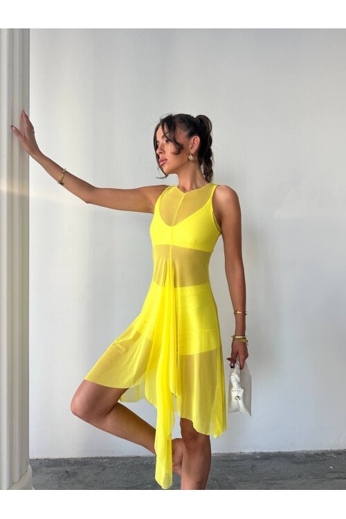 Sarı 3lü Üsttü Tül Pareo Takım