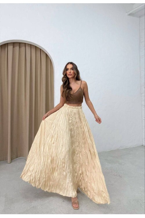 Saten Kumaş Piliseli Etek Bej