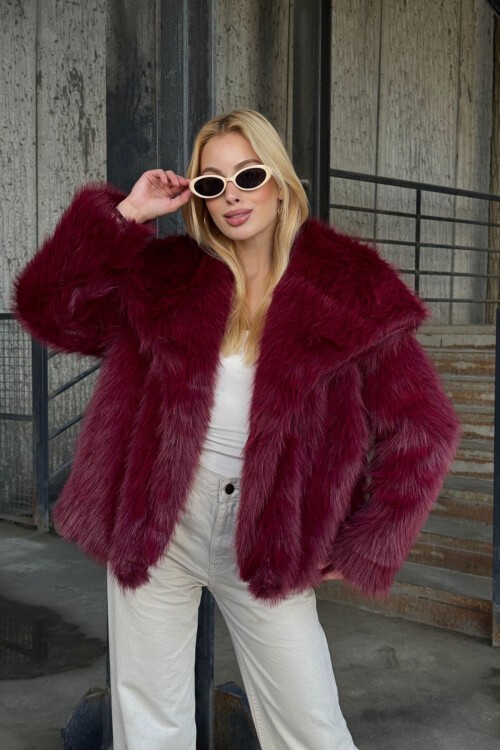 Suni Kürk Premium Peluş Ceket Bordo
