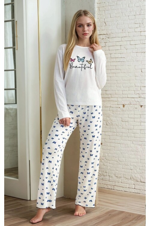 Uzun Kollu Kelebek Baskılı Pijama Takım