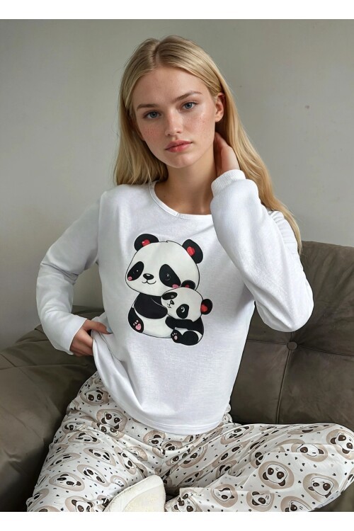 Uzun Kollu Panda Baskılı Pijama Takım