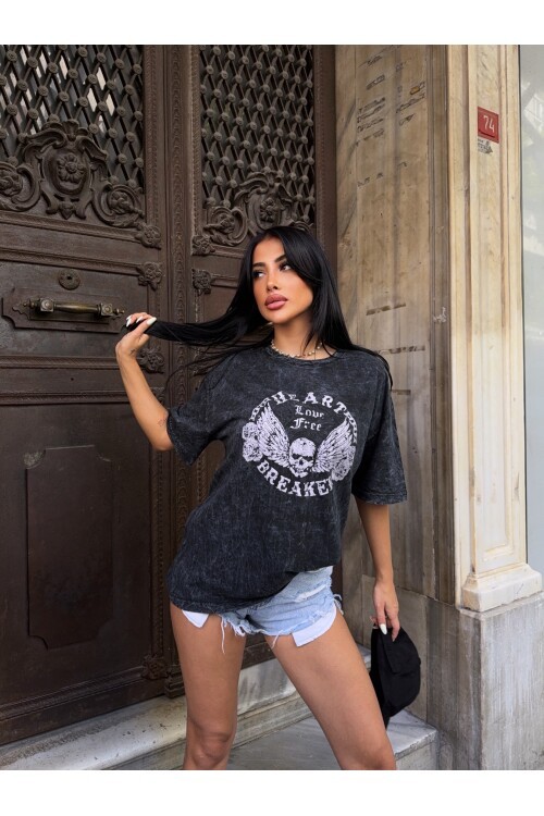 Yıkamalı Heart Baskılı T-Shirt