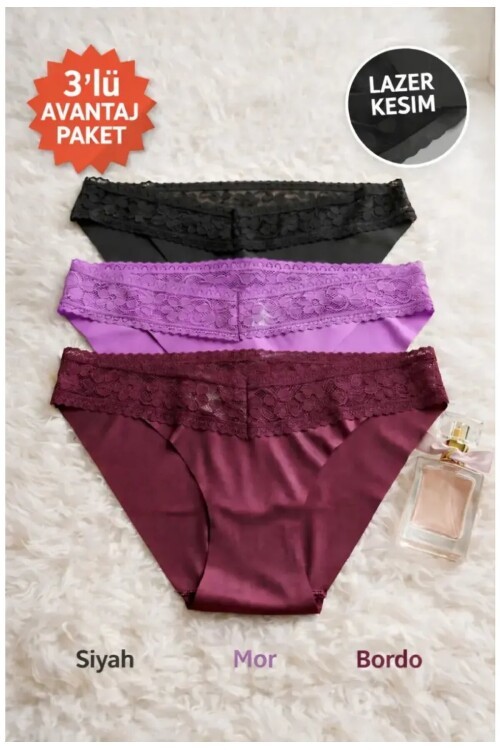 3lü Pamuklu Dantelli Dikişsiz Külot Siyah Bordo