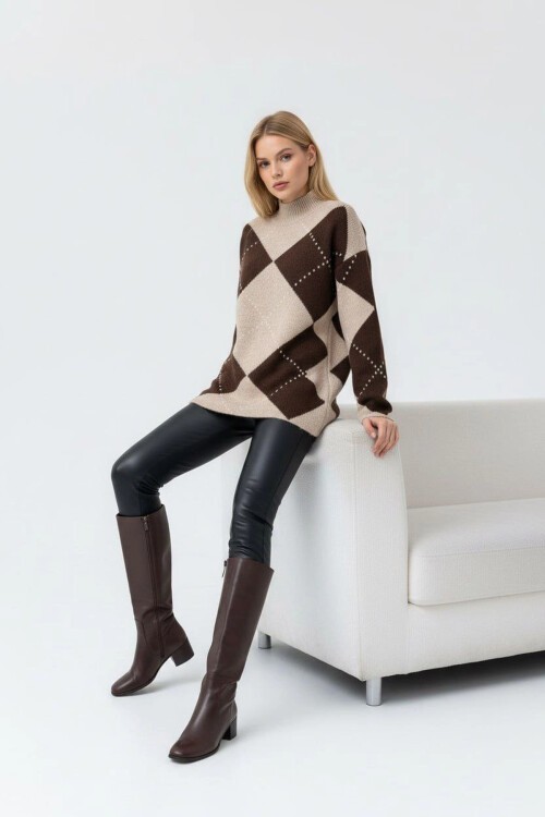 Bisiklet Yaka Baklava Desenli Triko Kazak