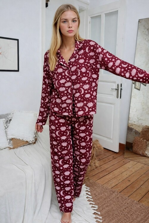 Bordo Bulut Desenli Düğmeli Kadın Pijama Takımı