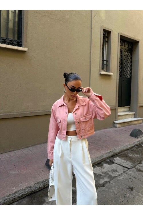 Çift Cep Denim Crop Ceket