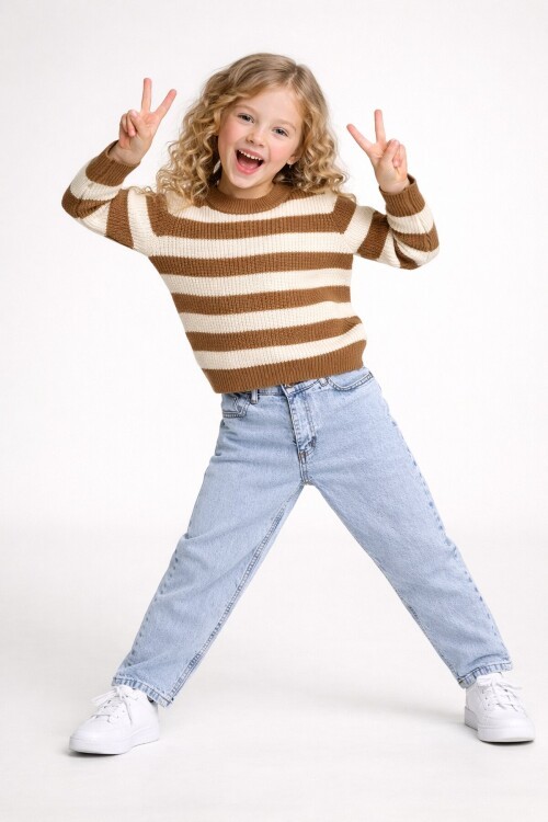 Çizgili Kazak Ve Jean Takım Bej