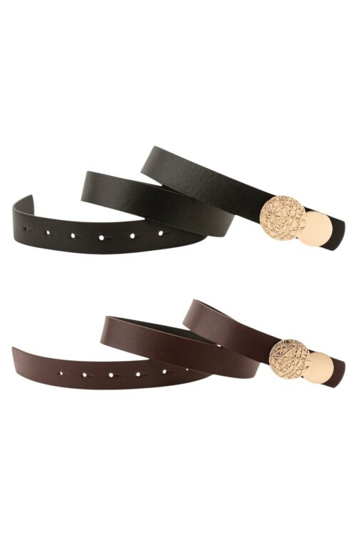 Desenli Yuvarlak Tokalı İkili Set Bordo_Siyah Kadın Kemeri