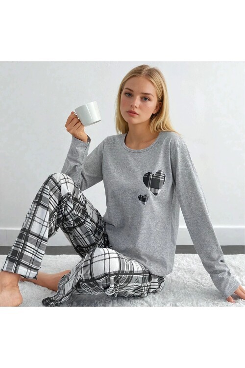 Ekose Desen Kalp Detay Uzun Kol Pijama Takımı