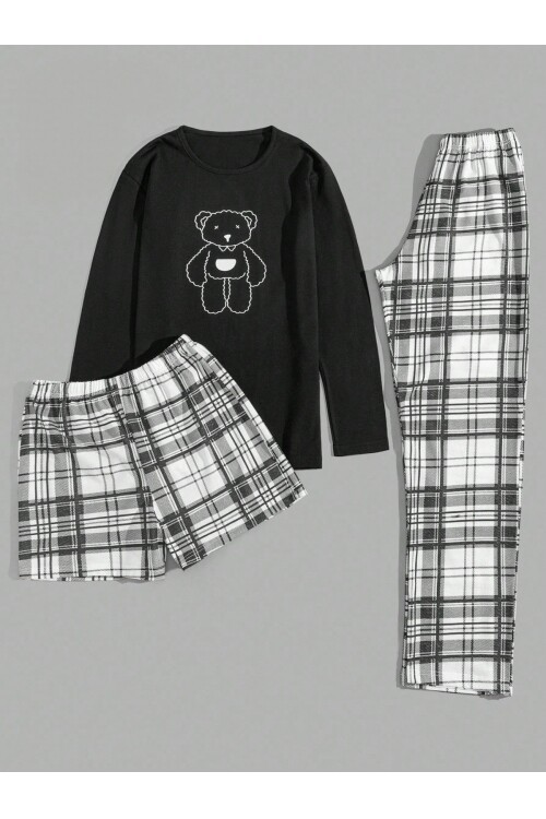 Ekose Desenli 3 Parça Erkek Pijama Seti Ayıcık Baskılı