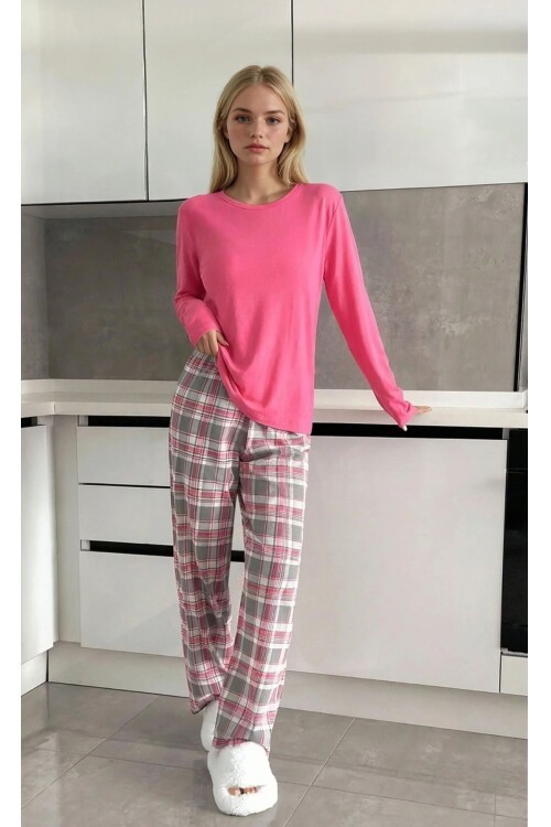 Ekose Desenli Alt Pembe Üst Uzun Kollu Pijama Takımı