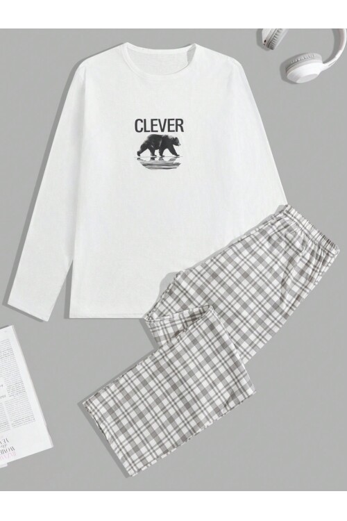 Erkek Uzun Kollu Baskılı Pijama Takımı Ekose Pantolonlu Beyaz