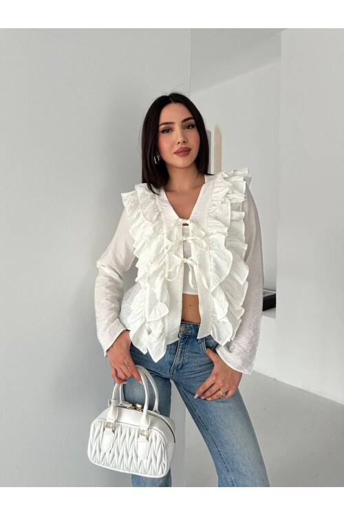 Fırfırlı Bağcıklı Bluz Ekru