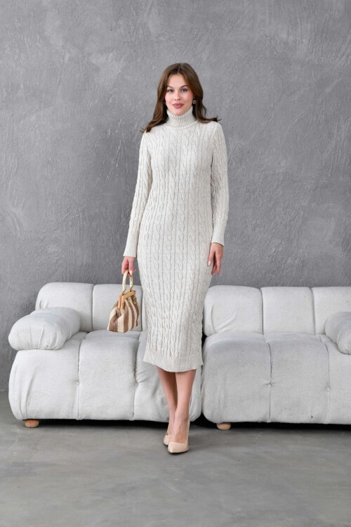 Kadın Balıkçı Yaka Örgü Detay Kışlık Triko Elbise