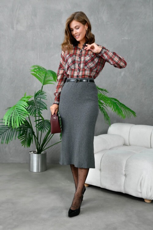 Kadın Bel Lastikli Yırtamaç Detay Uzun Triko Etek