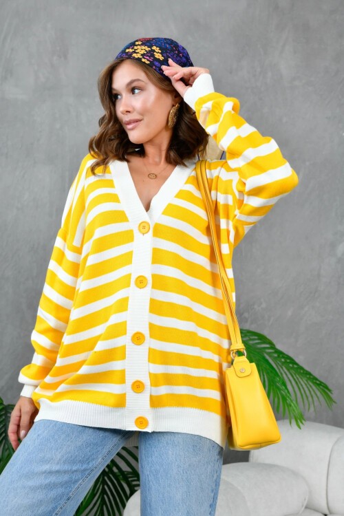 Kadın Bilek Etek Ve Banları Fitilli Çizgi desenli Triko Hırka