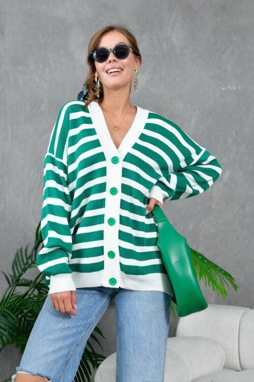 Kadın Bilek Etek Ve Banları Fitilli Çizgi desenli Triko Hırka