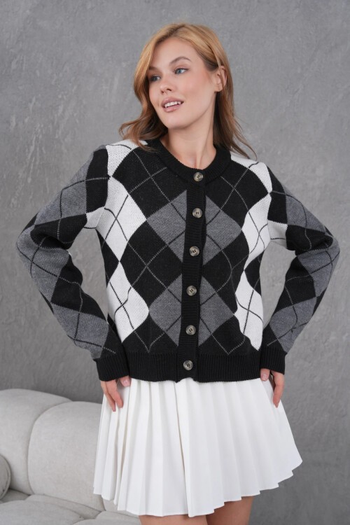 Kadın Bisiklet Yaka Baklava Desenli Düğme Kapama Triko Hırka Ceket