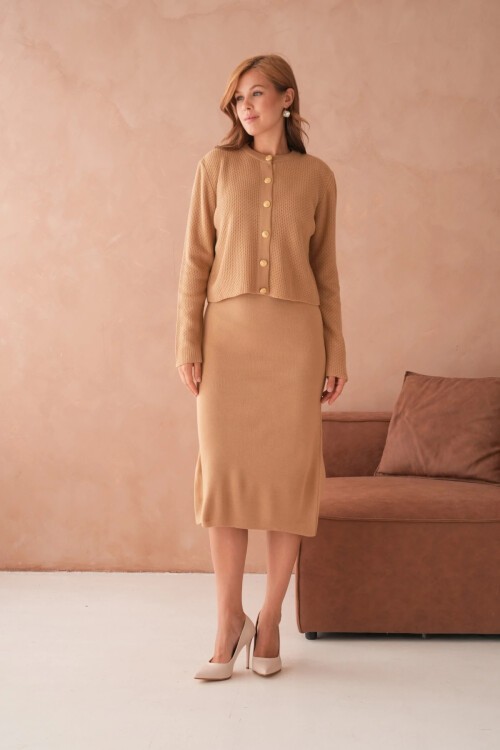 Kadın Bisiklet Yaka Düğme Detay Dokulu Ceket Elbise İkili Triko Takım