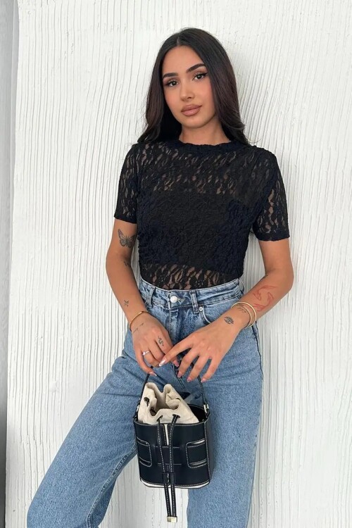 Kadın Dantel Kısa Kollu Bluz Siyah